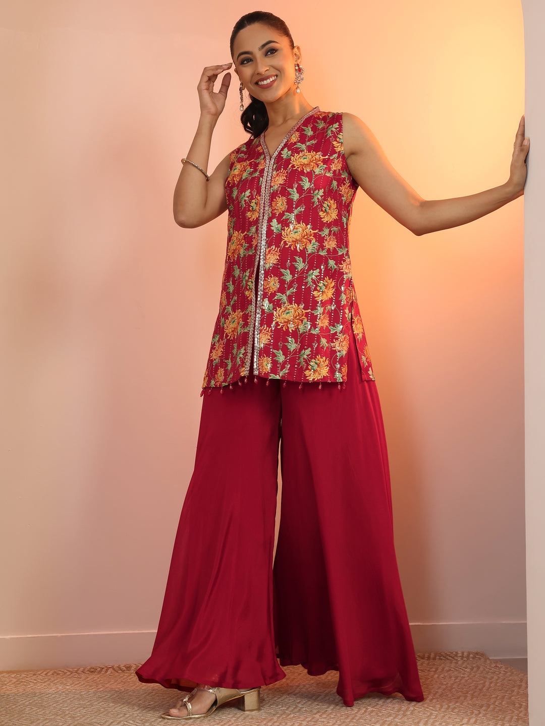 Red Printed Silk Blend Straight Kurta Set