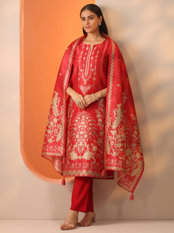 Red Printed Silk Blend Straight Suit Set With Dupatta
