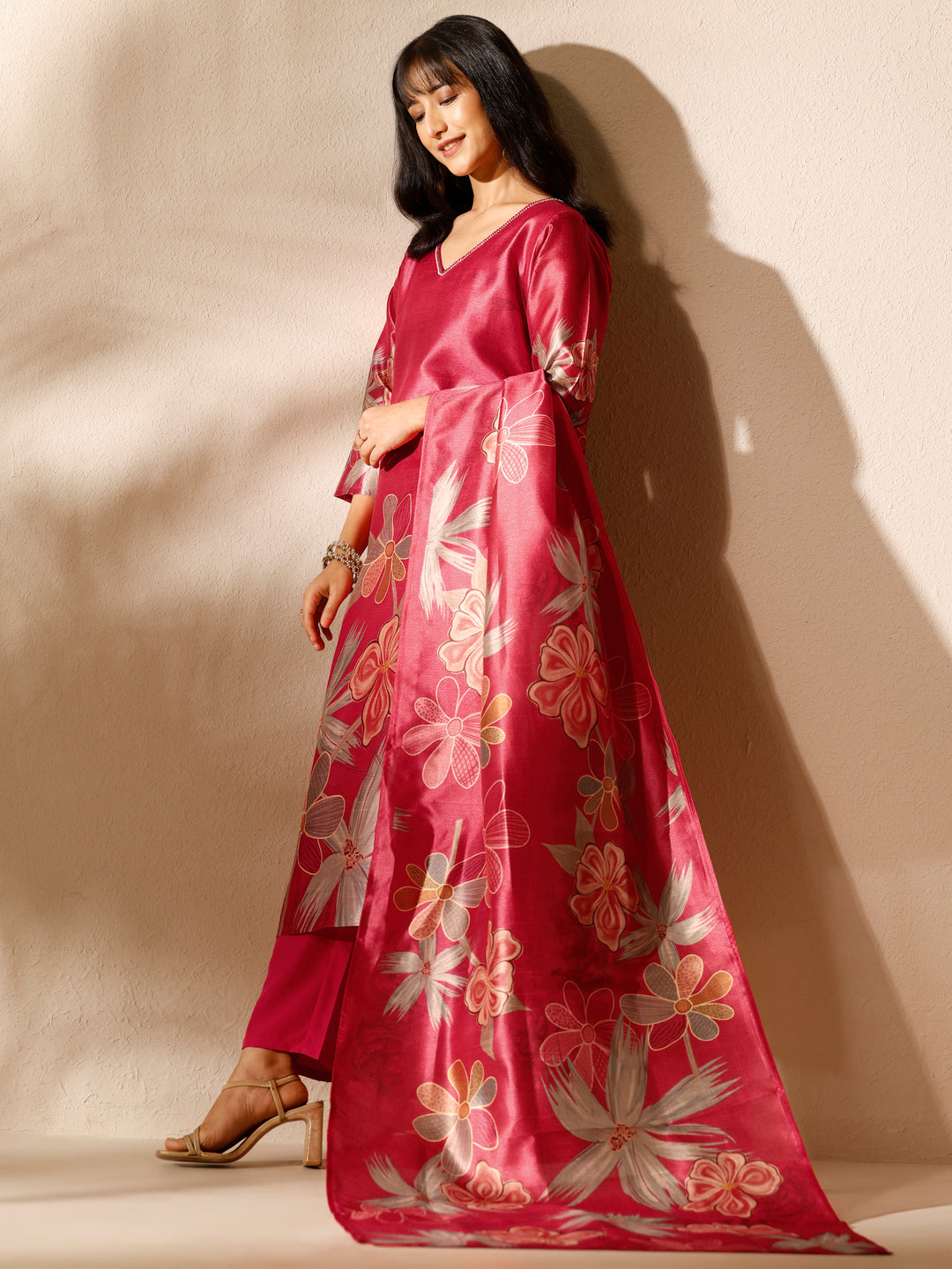 Red Printed Silk blend Straight Suit Set With Dupatta