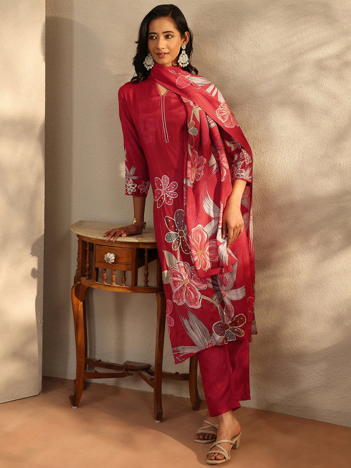 Red Printed Silk Blend Straight Suit Set With Dupatta