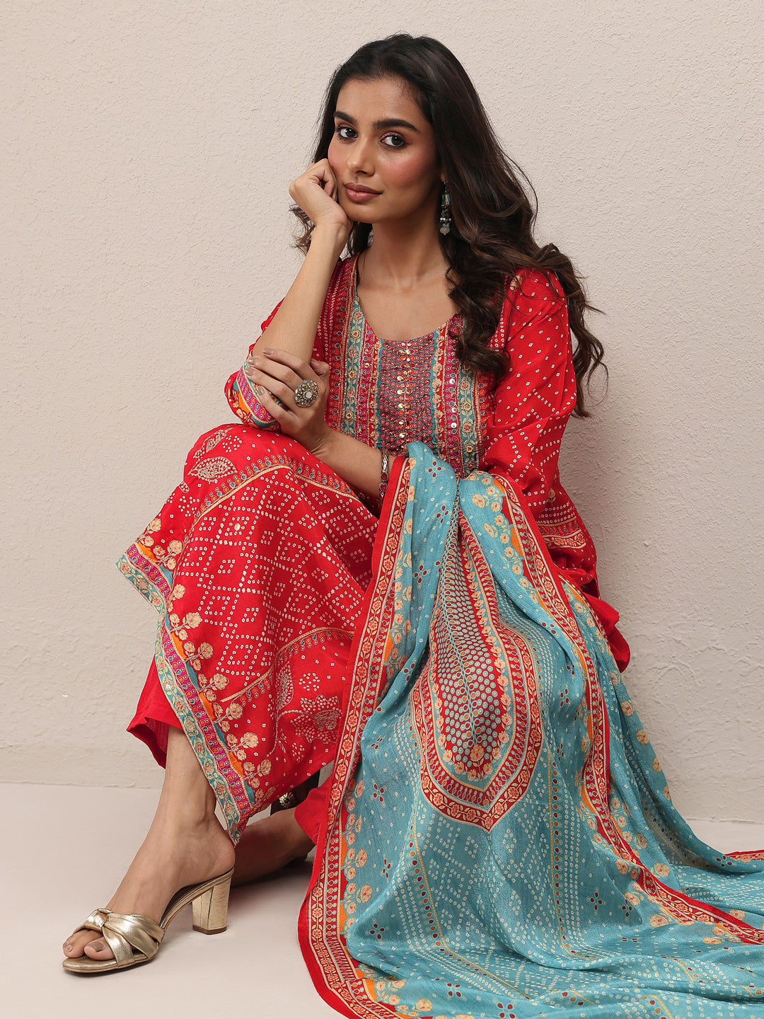 Red Printed Silk Blend Straight Suit Set With Dupatta