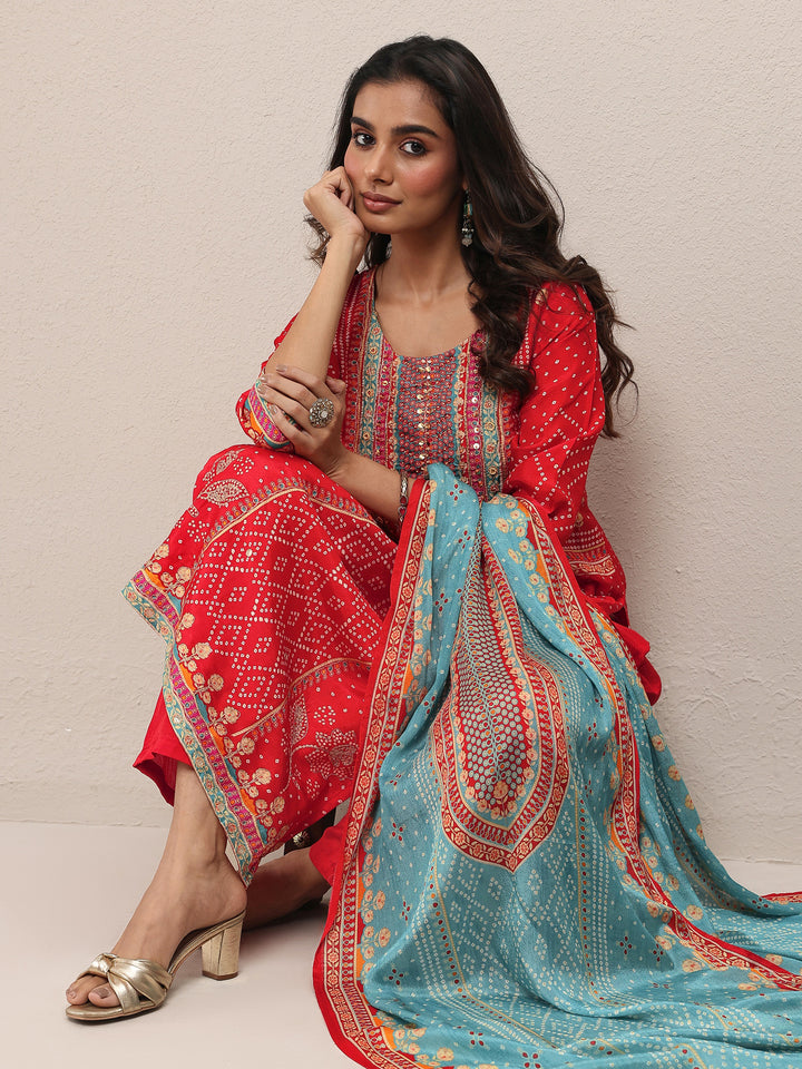 Red Printed Silk Blend Straight Suit Set With Dupatta
