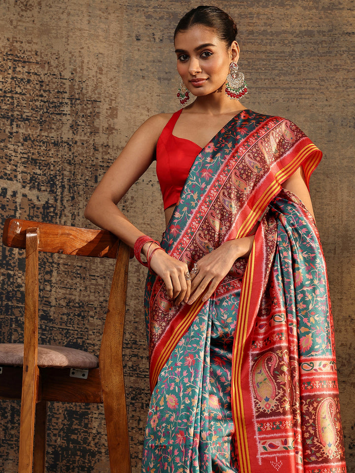 Red Printed Silk Saree With Unstitched Blouse Piece