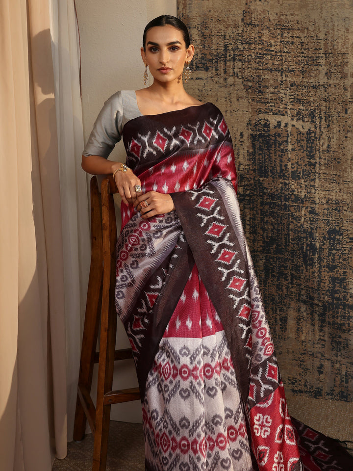 Red Printed Silk Saree With Unstitched Blouse Piece