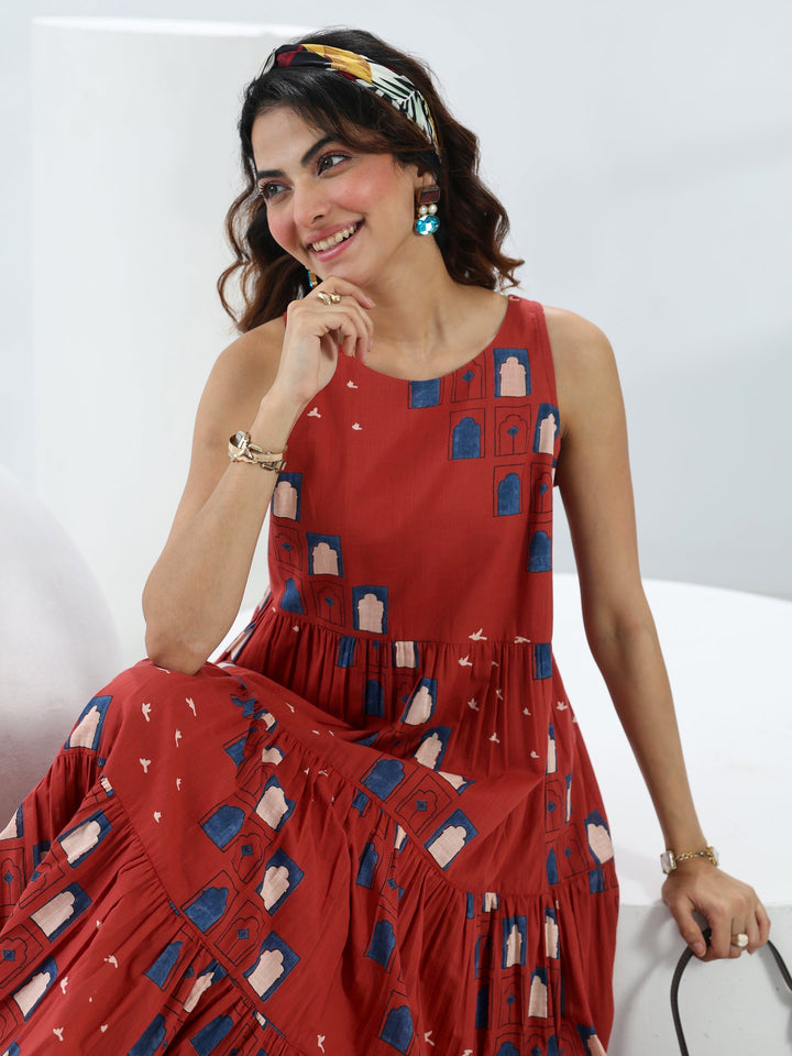Red Quirky Printed Cotton Fit-And-Flare One-Piece Tiered Dress