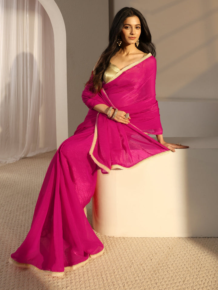 Red Solid Chiffon Saree With Unstiched Blouse Piece
