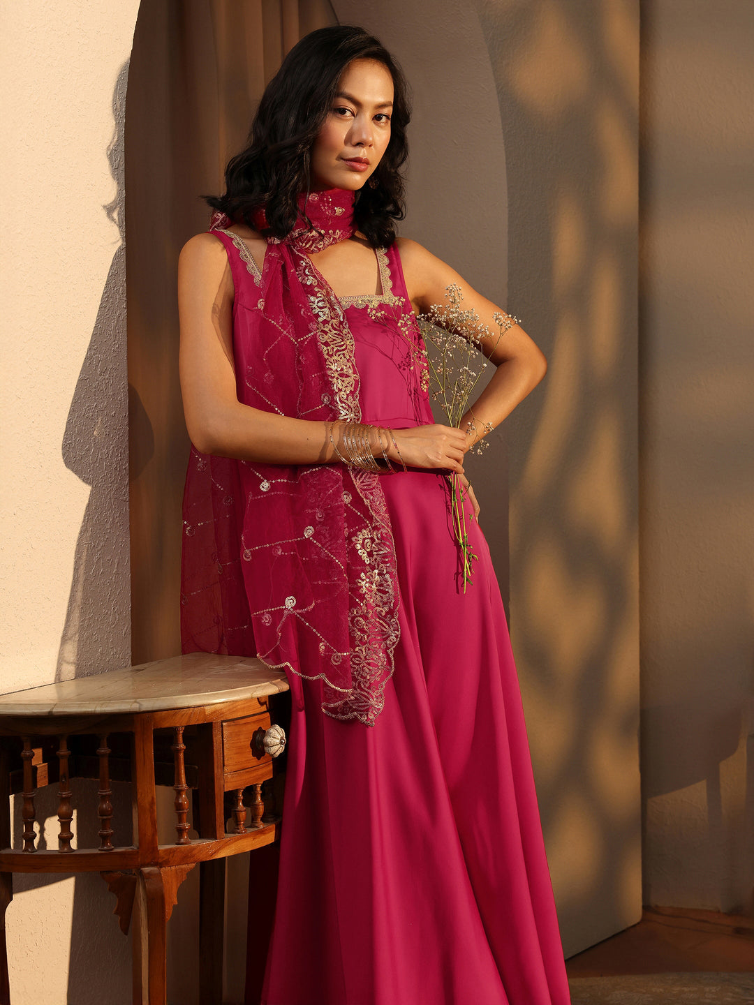 Red Solid Satin Anarkali Suit Set With Dupatta
