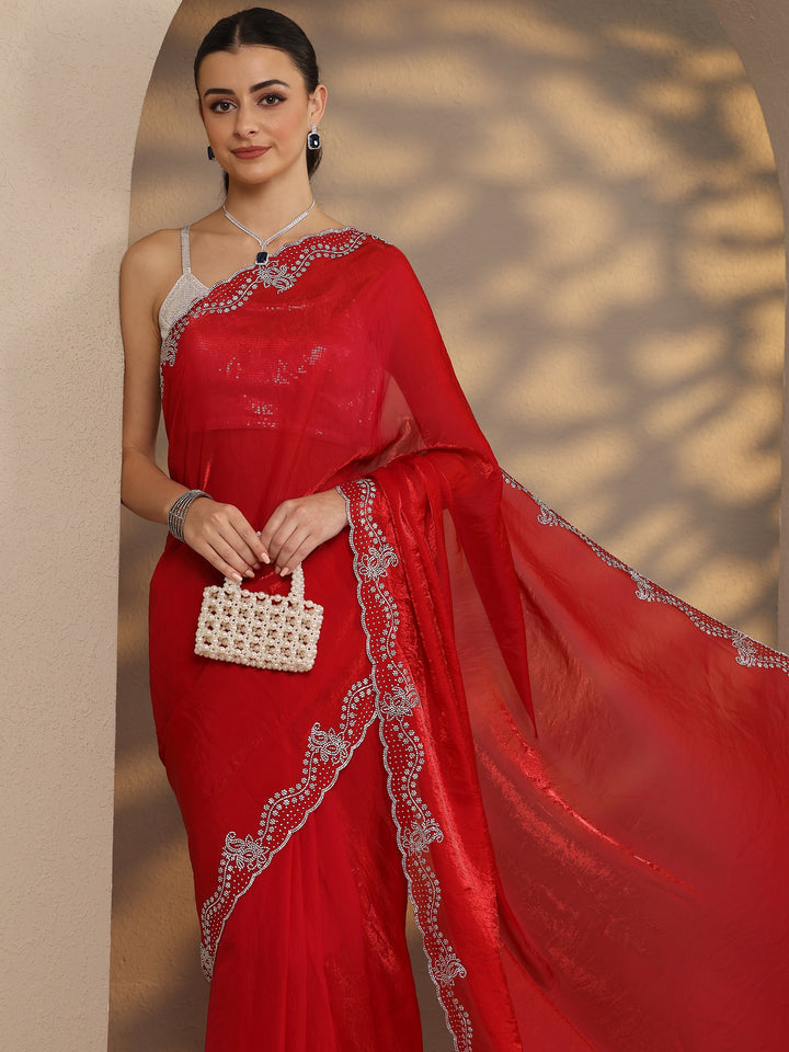 Red Solid Silk Blend Saree With Unstitched Blouse Piece