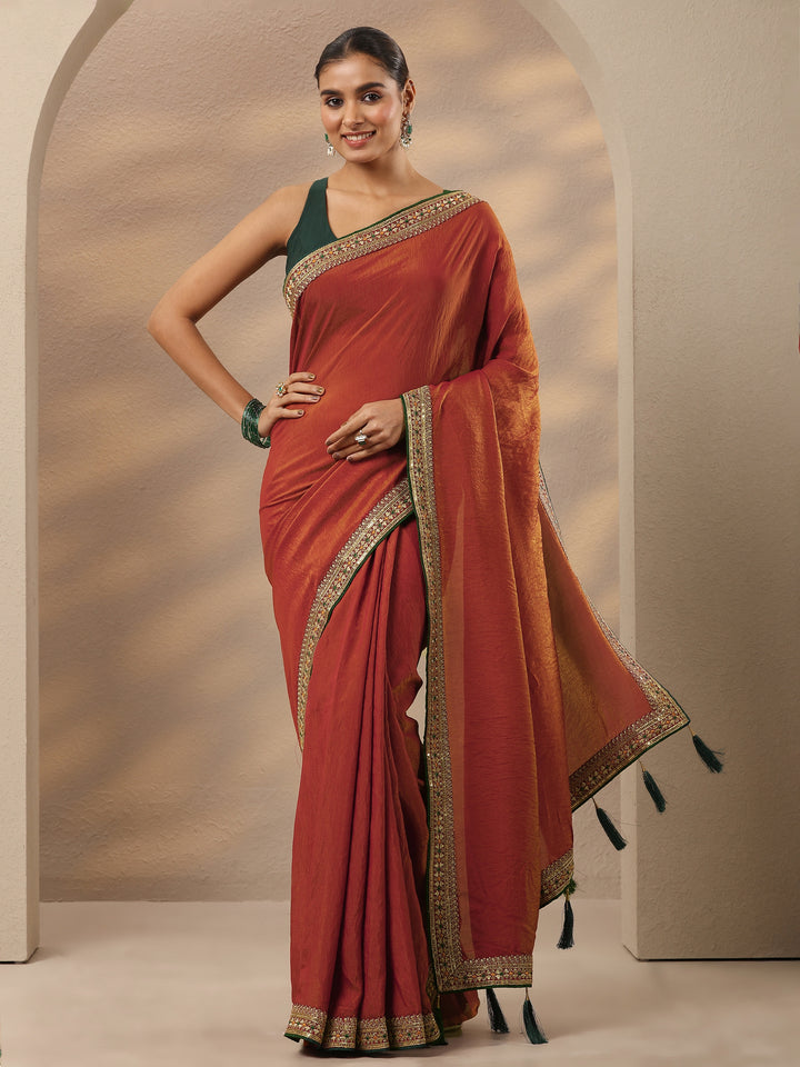 Red Solid Silk Blend Saree With Unstitched Blouse Piece