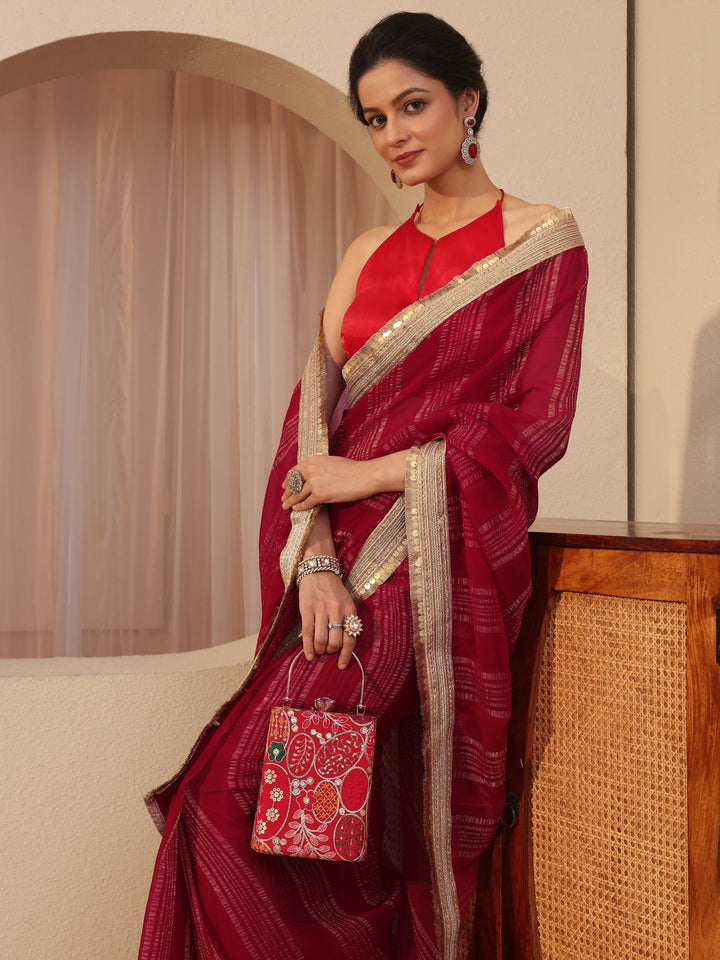 Red Striped Textured Chiffon Saree