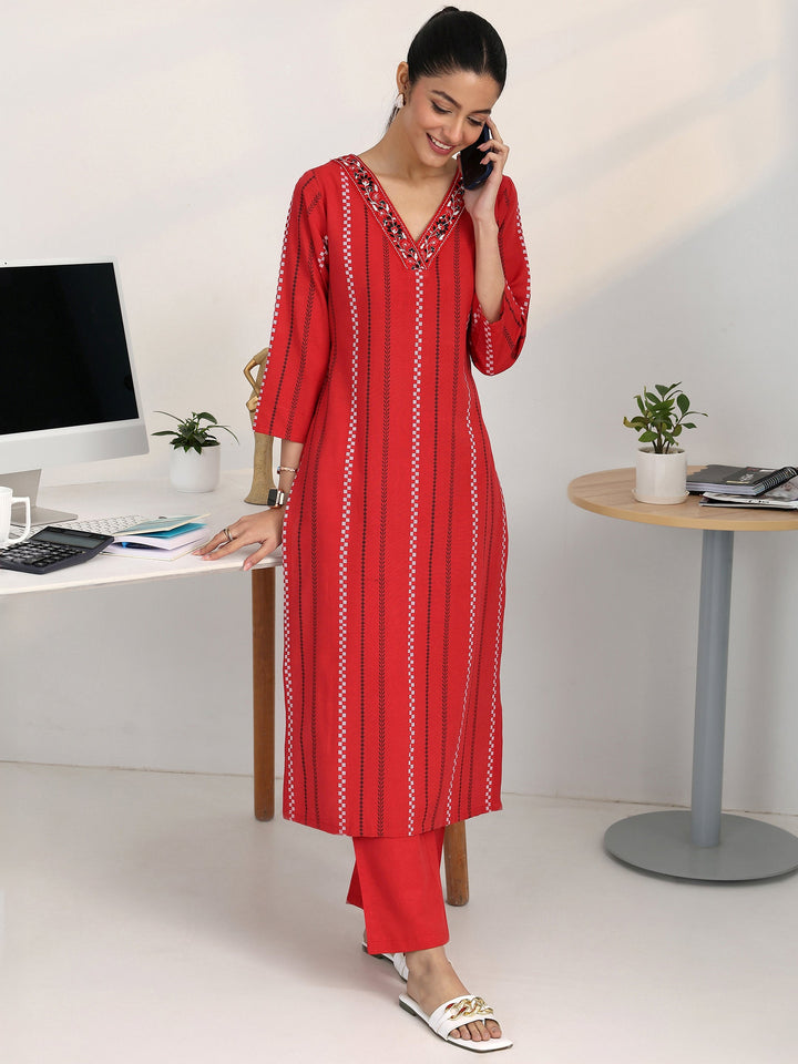 Red Striped Woven Design Cotton Blend Straight Kurta