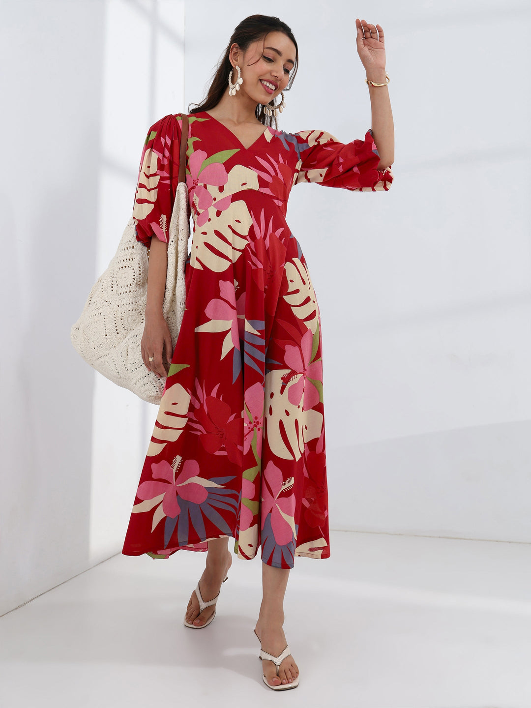 Red Tropical Printed Cotton A-Line One Piece Dress