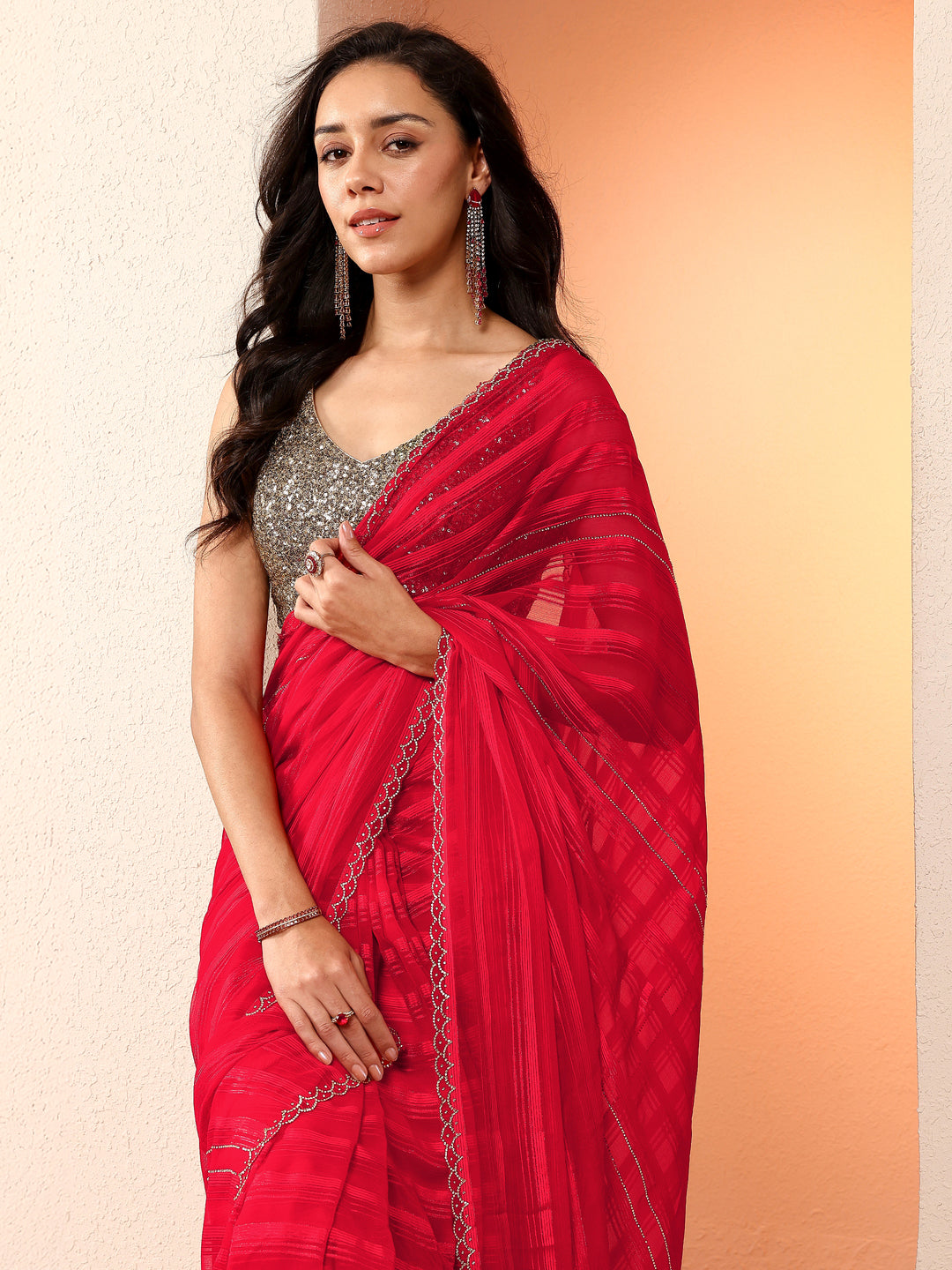 Red Woven Design Chinon Saree With Unstitched Blouse Piece