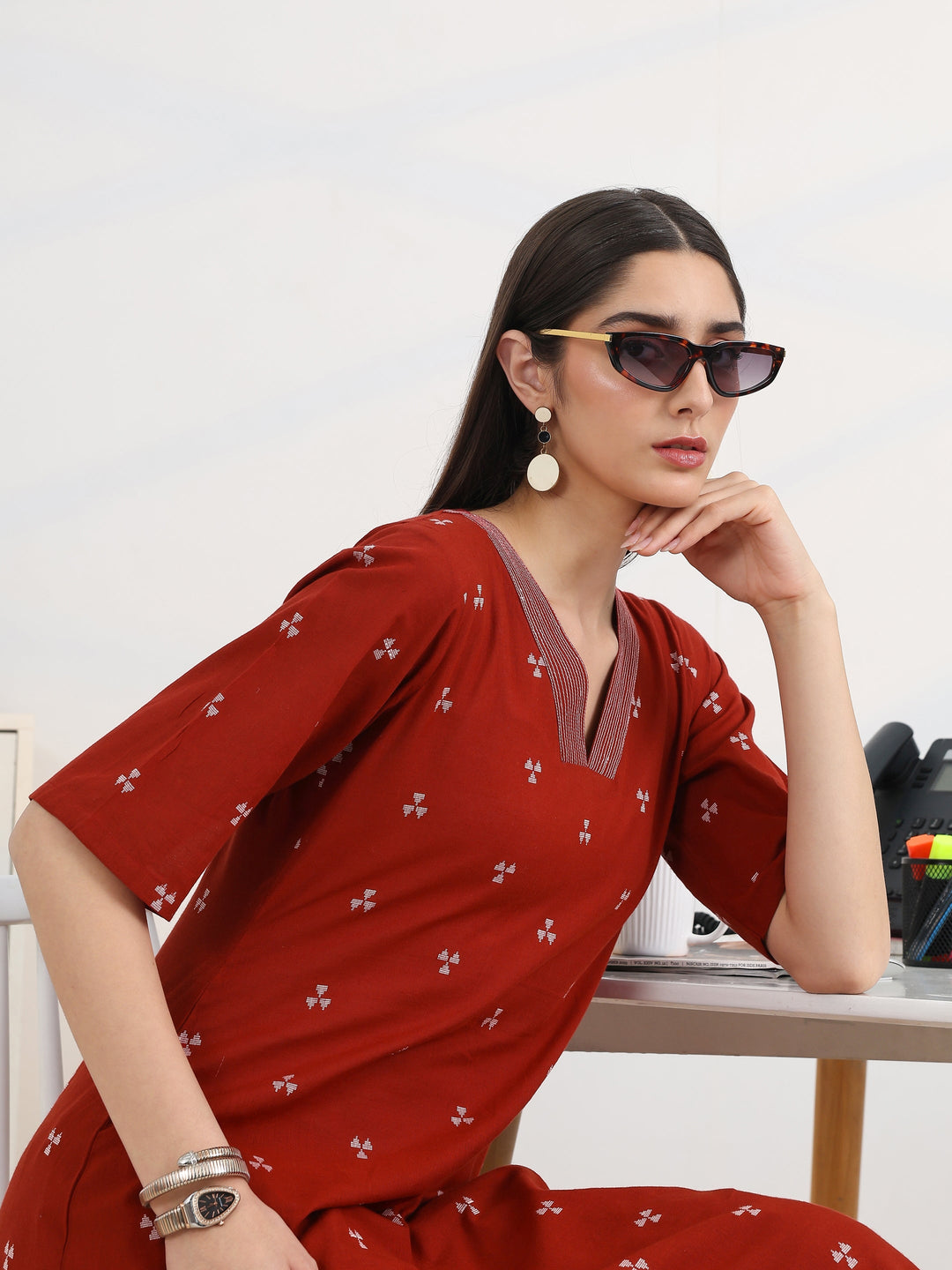 Red Woven Design Cotton Blend A-Line Kurta Set