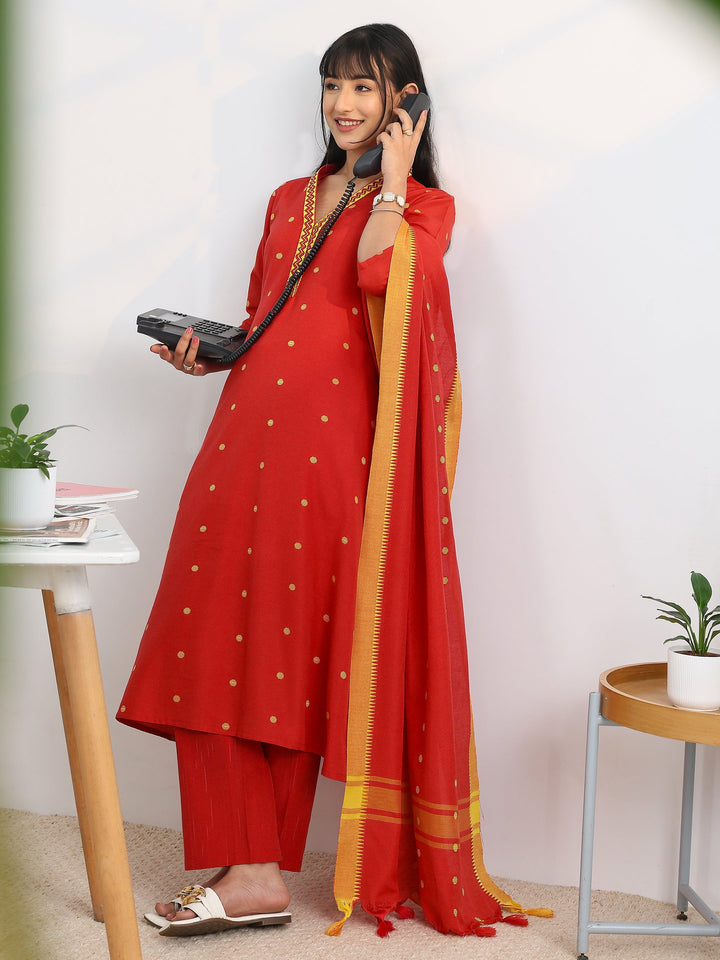 Red Woven Design Cotton Blend A-Line Suit Set With Dupatta