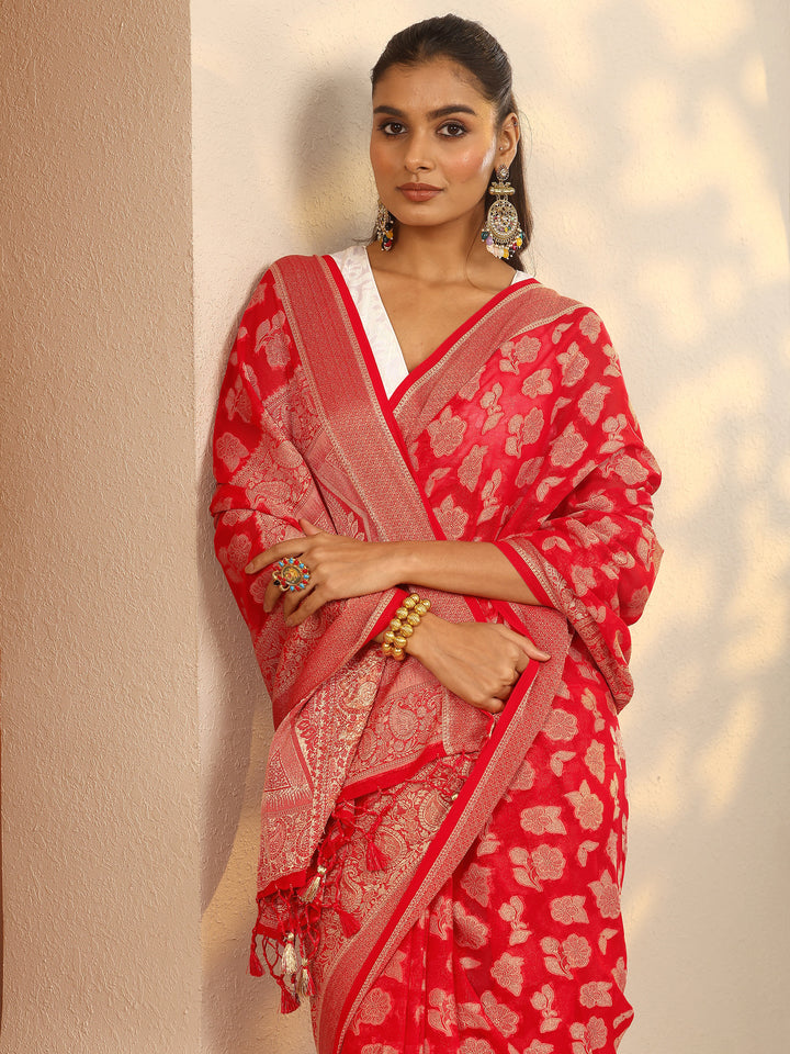 Red Woven Design Pure Georgette Saree With Unstitched Blouse Piece