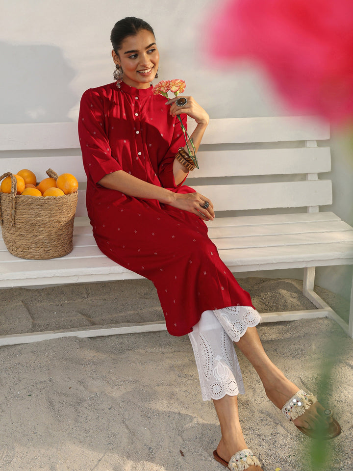 Red Woven Design Rayon Straight Kurta