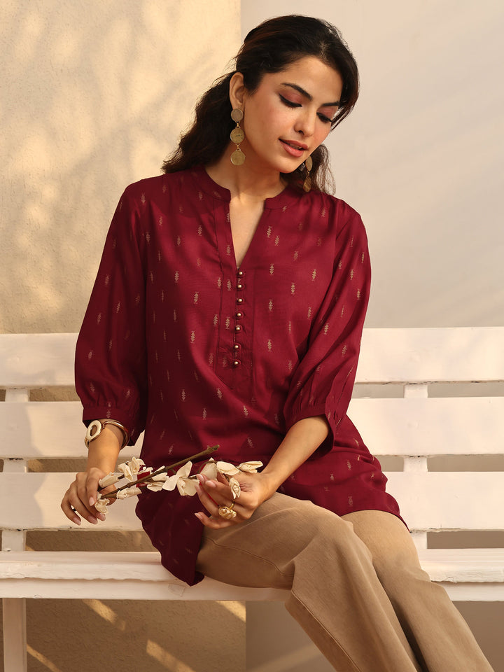 Red Woven Design Rayon Straight Short Kurti