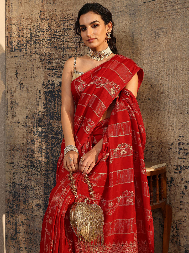 Red Woven Design Silk Blend Banarasi Saree With Unstitched Blouse Piece