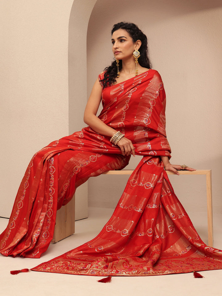 Red Woven Design Silk Blend Banarasi Saree With Unstitched Blouse Piece