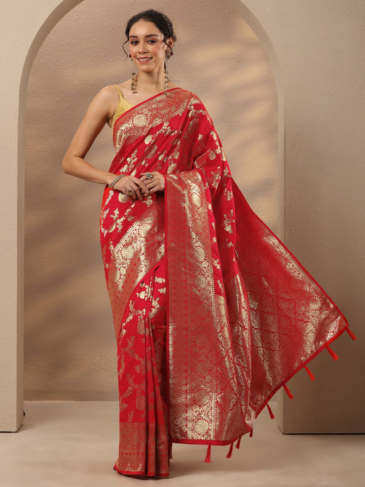Red Woven Design Silk Blend Saree With Unstitched Blouse Piece
