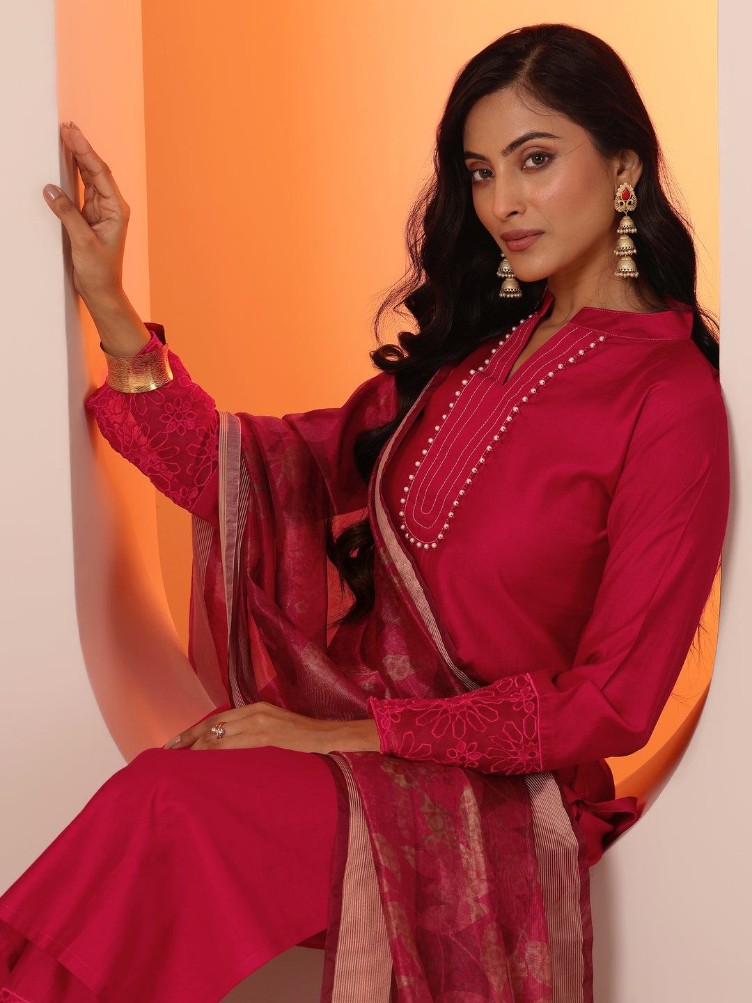 Red Woven Design Silk Blend Straight Suit Set With Dupatta