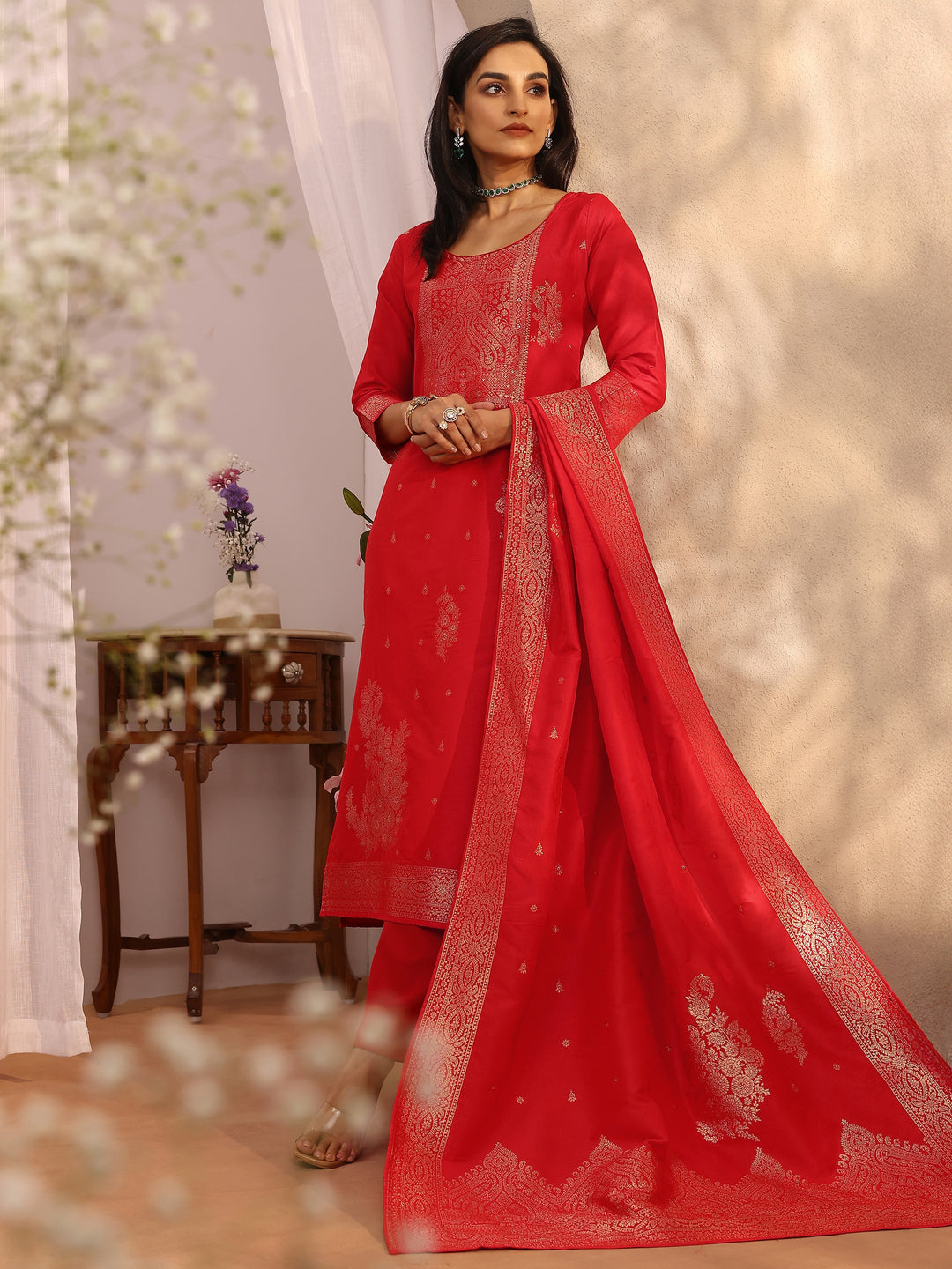 Red Woven Design Silk blend Straight Suit Set With Dupatta