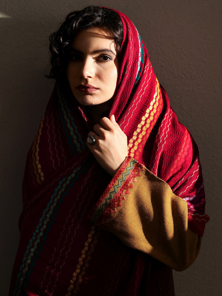 Red Woven Design Wool Women's Shawl