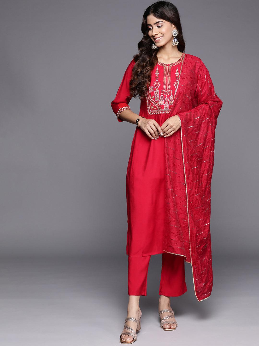 Red Yoke Design Silk Blend Straight Kurta With Trousers & Dupatta - Libas 