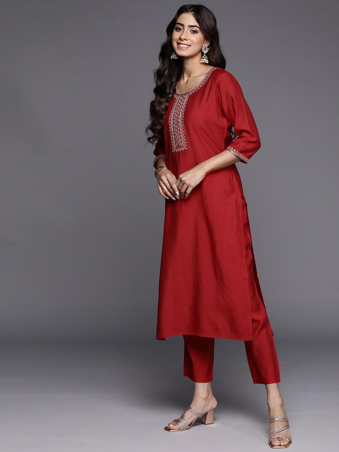 Red Yoke Design Silk Blend Straight Kurta With Trousers & Dupatta - Libas 