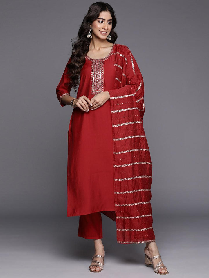 Red Yoke Design Silk Blend Straight Suit With Dupatta