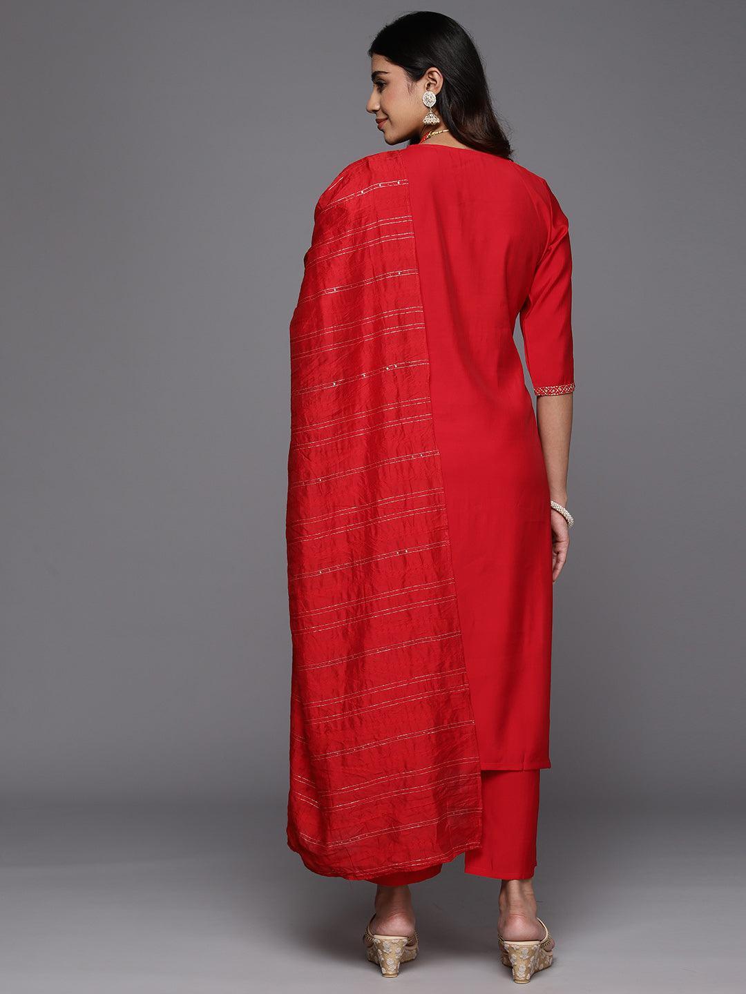 Red Yoke Design Silk Blend Straight Kurta With Trousers & Dupatta - Libas 