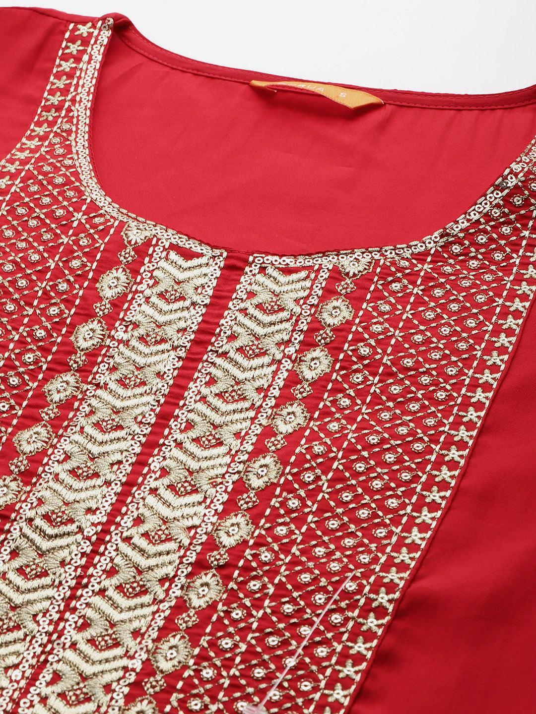 Red Yoke Design Silk Blend Straight Kurta With Trousers & Dupatta - Libas 