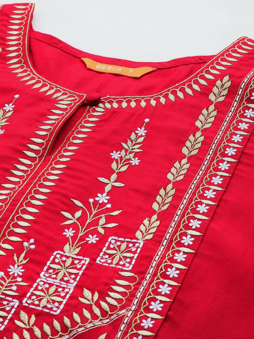 Red Yoke Design Silk Blend Straight Kurta With Trousers & Dupatta - Libas 