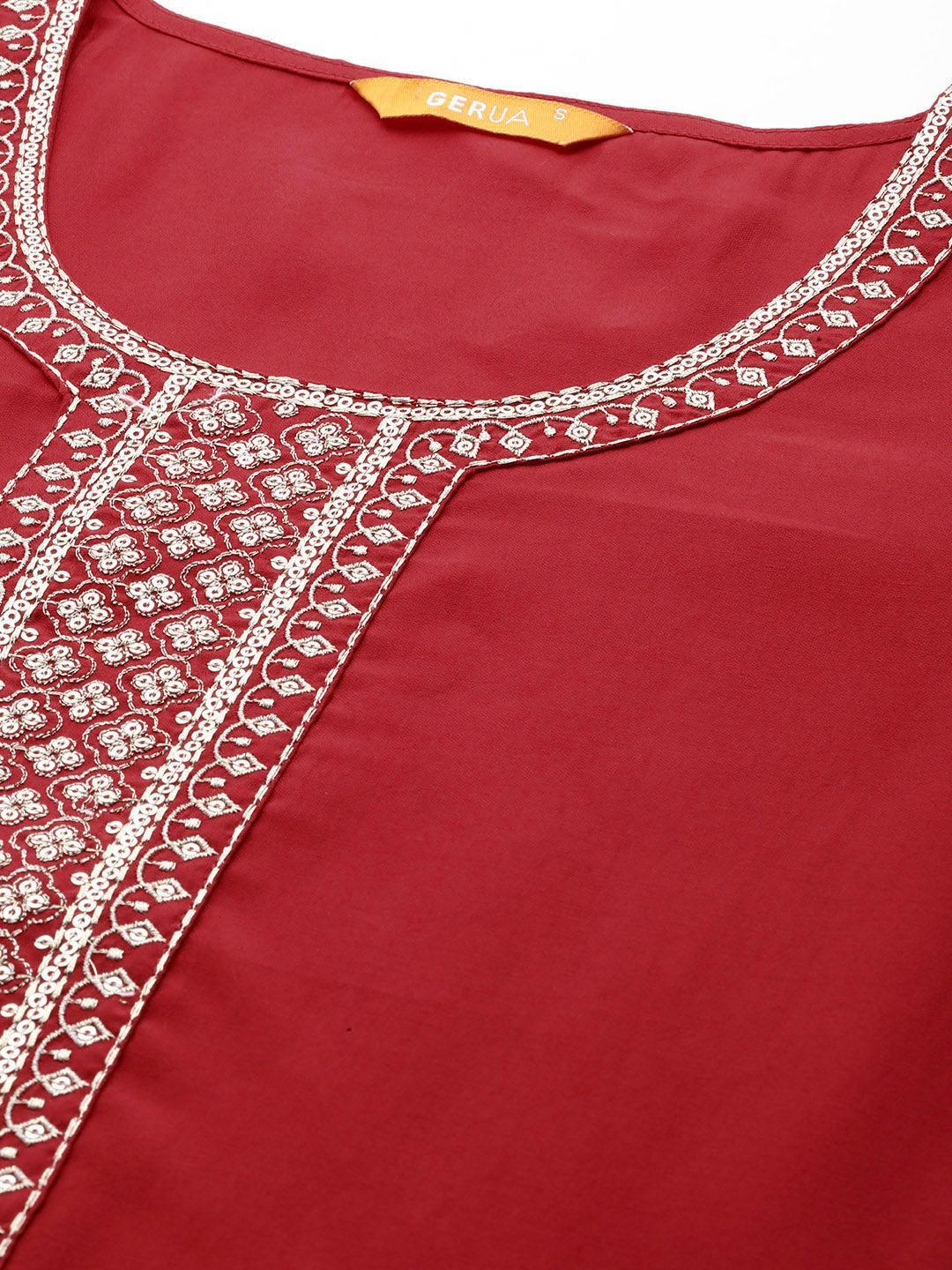 Red Yoke Design Silk Blend Straight Kurta With Trousers & Dupatta - Libas 