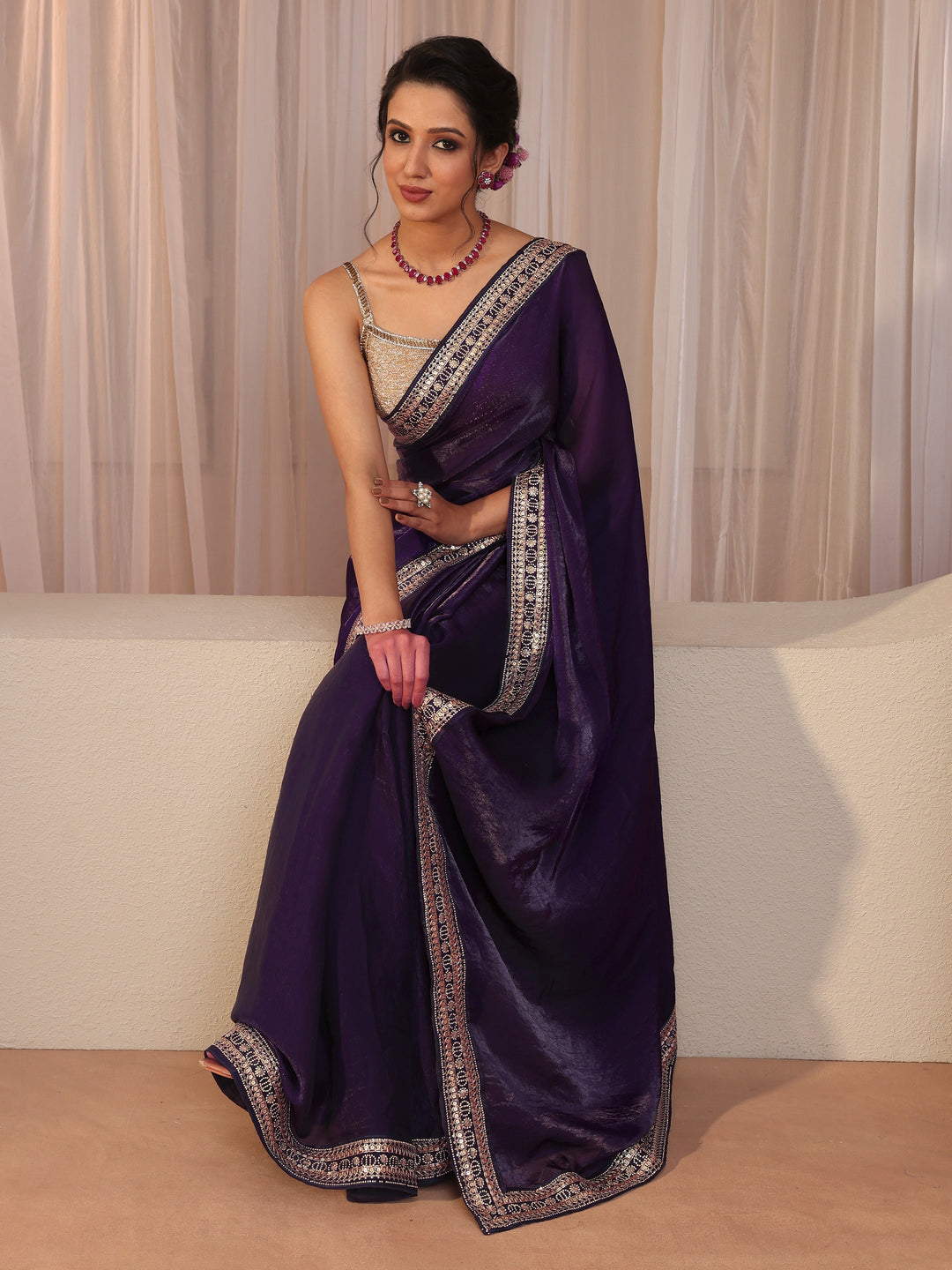 Regal Purple Embellished Border Tissue Saree