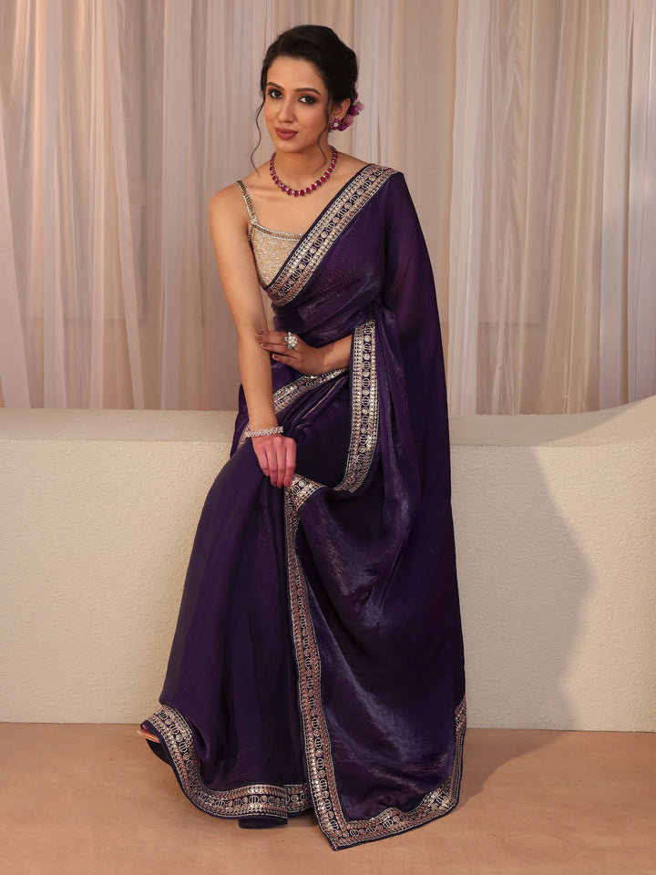 Regal Purple Embellished Border Tissue Saree
