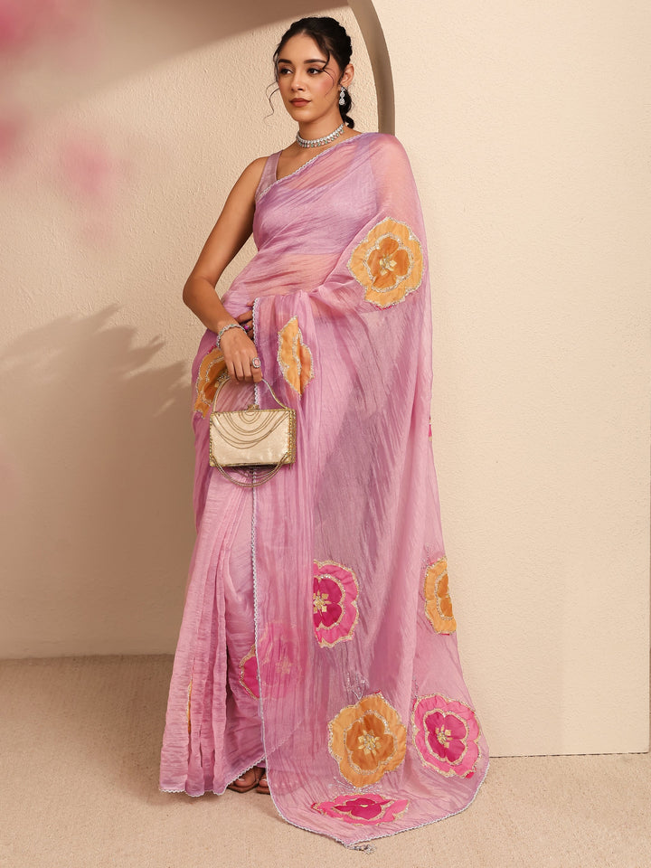 Libas Rose Pink Floral Embellished Organza Saree