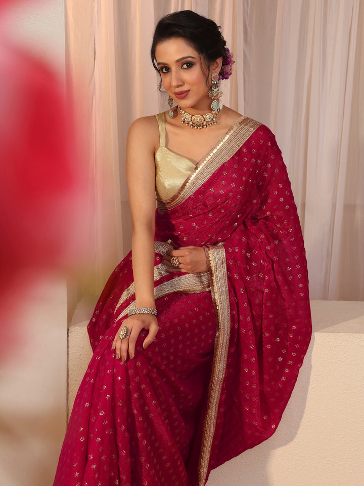 Rose Pink Foil Printed Tissue Saree