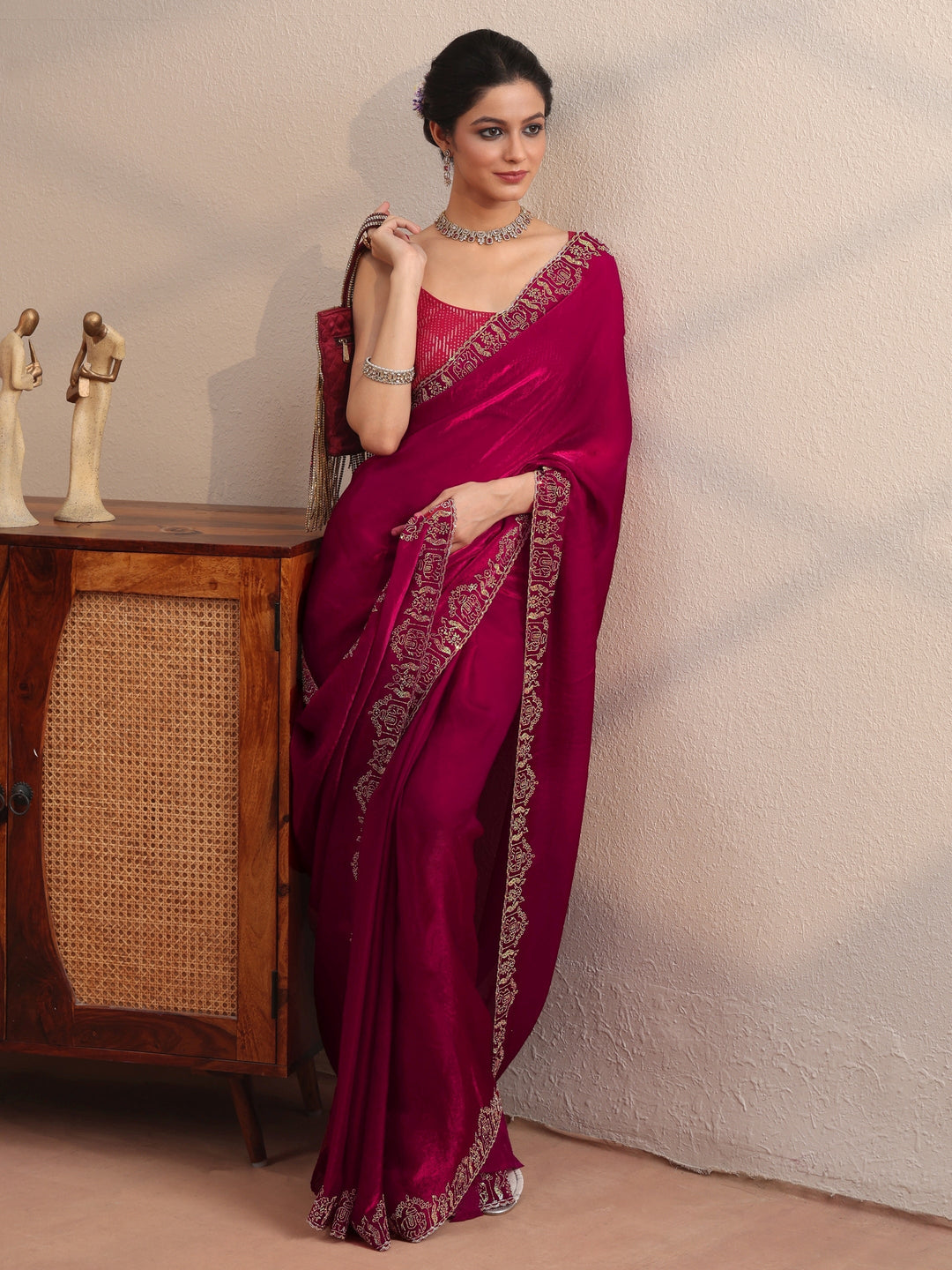 Rose Pink Tissue Saree With Embroidered Border