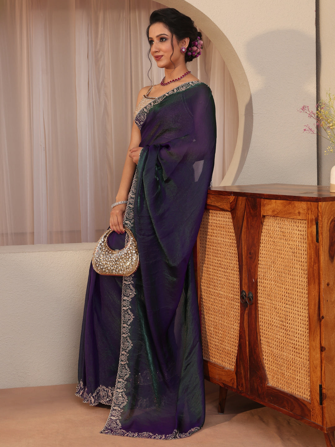 Royal Purple Tissue Saree With Embroidered Border