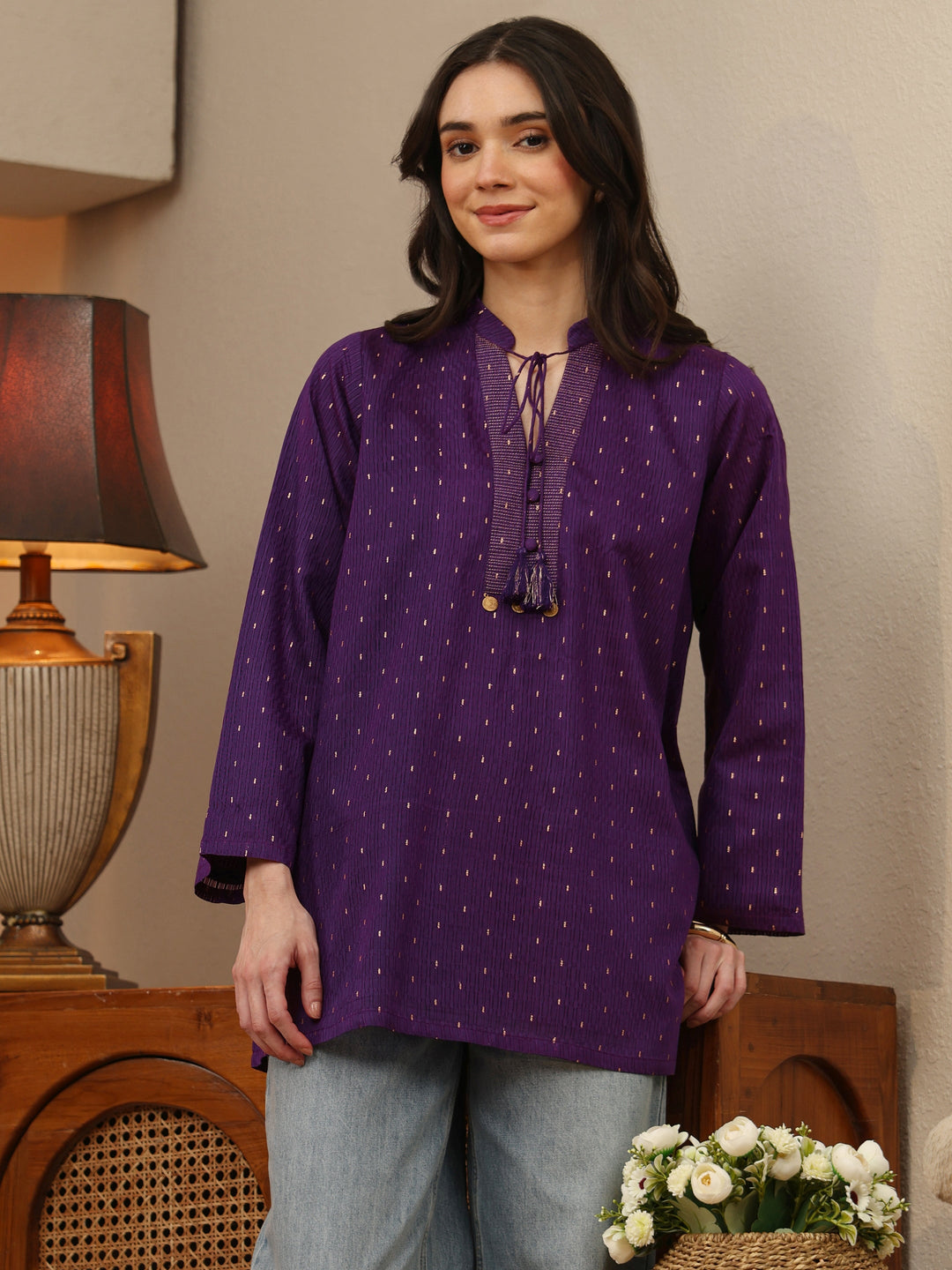 Royal Purple Woven Design Silk Blend Straight Short Kurti