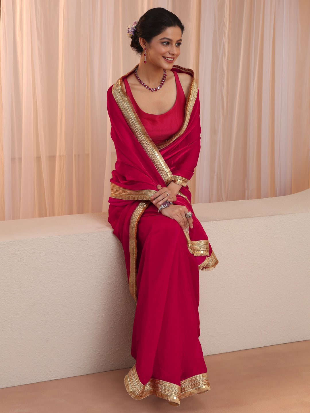 Ruby Pink Tissue Saree With Embellished Border