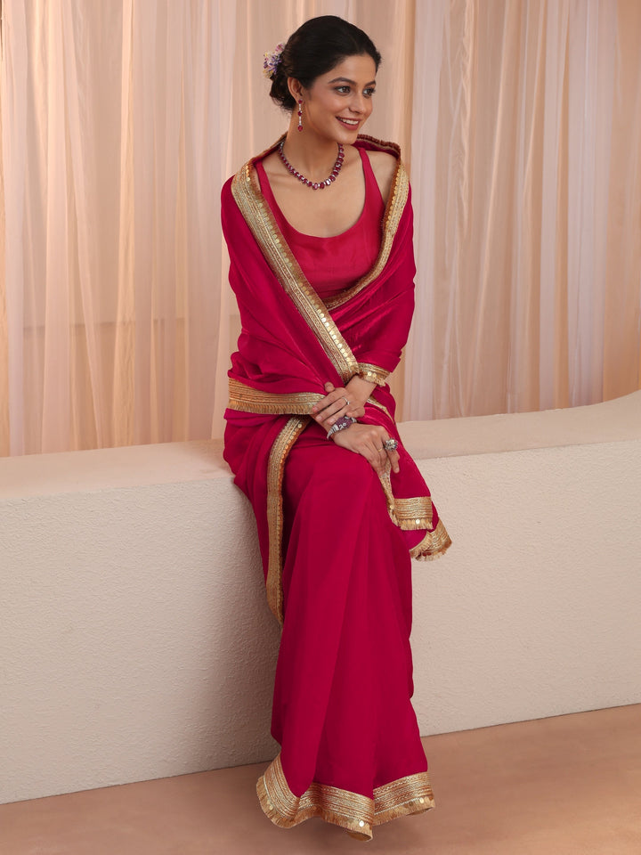 Ruby Pink Tissue Saree With Embellished Border