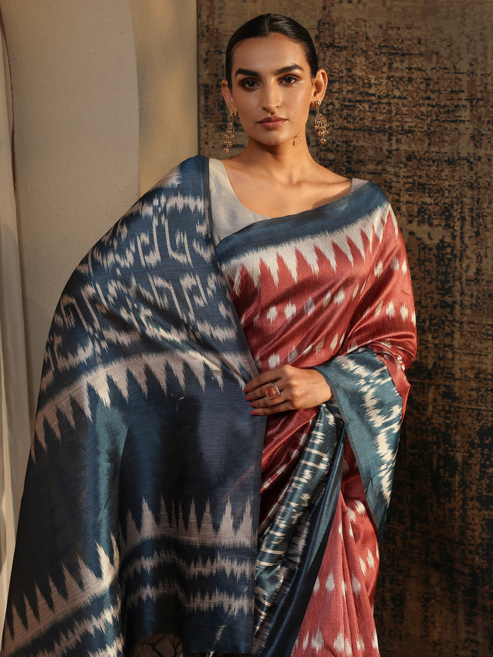 Rust Abstract Printed Silk Saree With Unstitched Blouse Piece