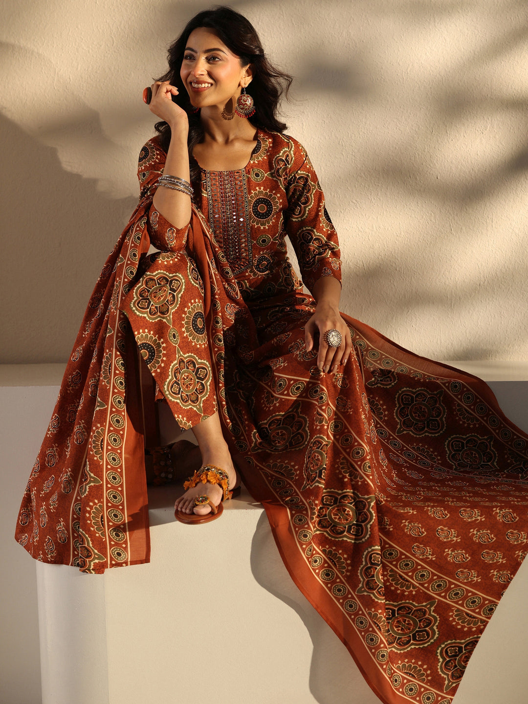 Rust Ajrakh Printed Cotton Blend Straight Suit Set With Dupatta