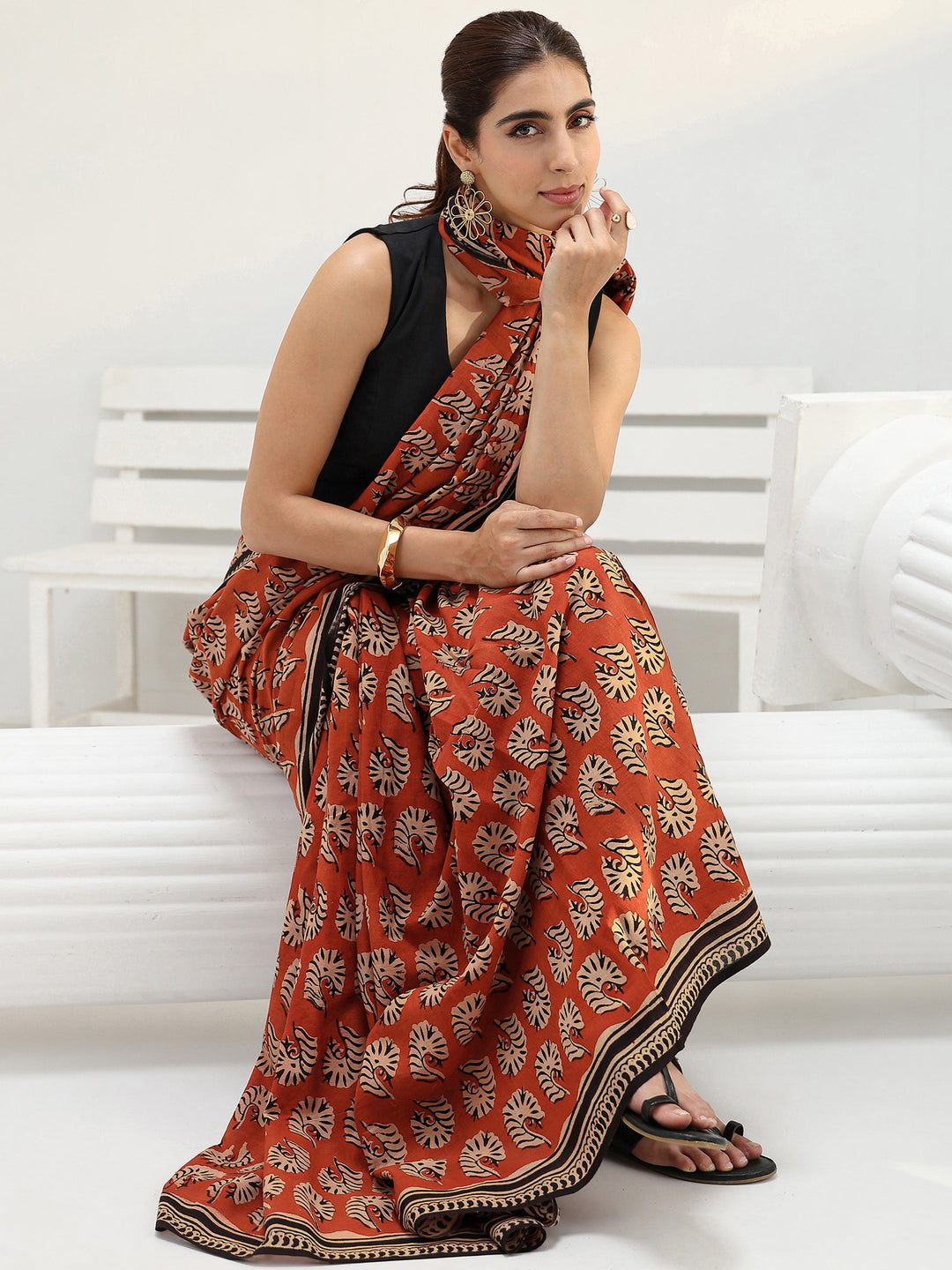 Rust Bagru Printed Cotton Saree