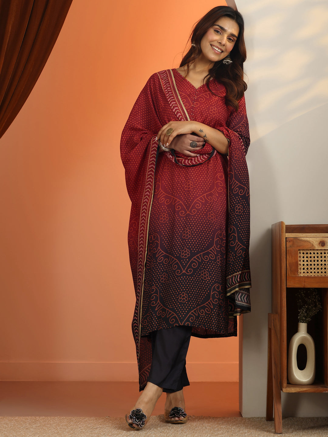 Rust Bandhani Printed Silk Blend Straight Suit Set With Dupatta