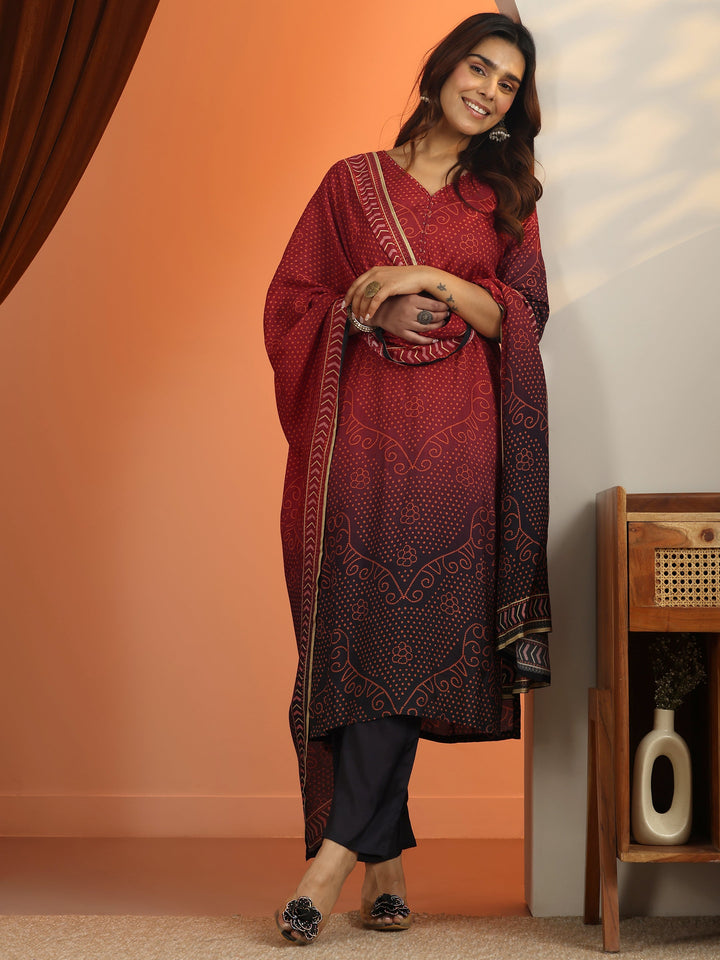 Rust Bandhani Printed Silk Blend Straight Suit Set With Dupatta