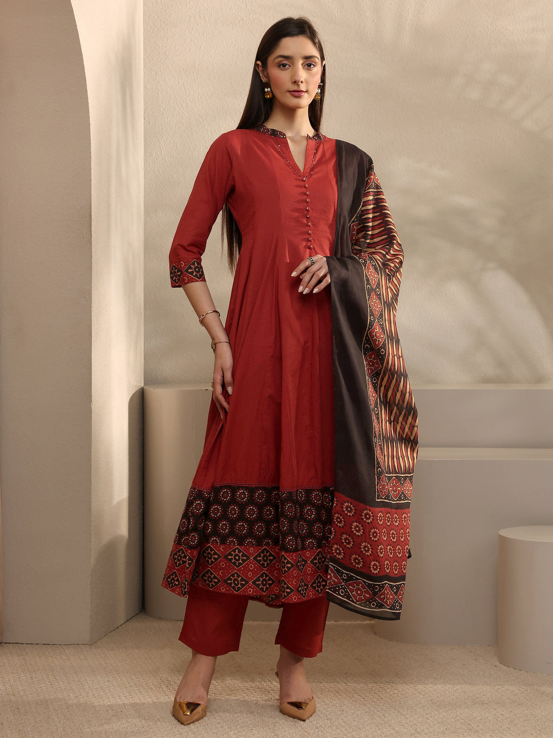 Rust Cotton Anarkali Suit Set with Dupatta
